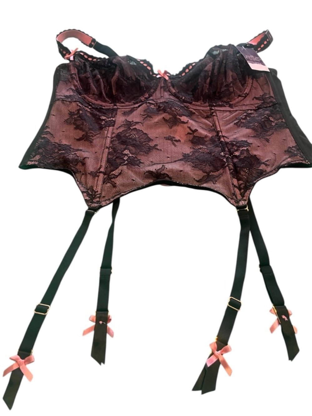 Cacique Pink and Black Lace Bustier with Garter Straps